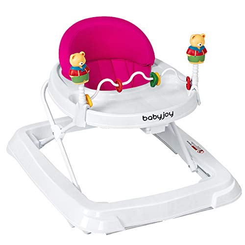 BABY JOY Baby Walker, Foldable Activity Walker with Adjustable Height, Large Tray & Removable Toys, Baby Walker with Wheels for Boys Girls 6-18 Months (Pink)