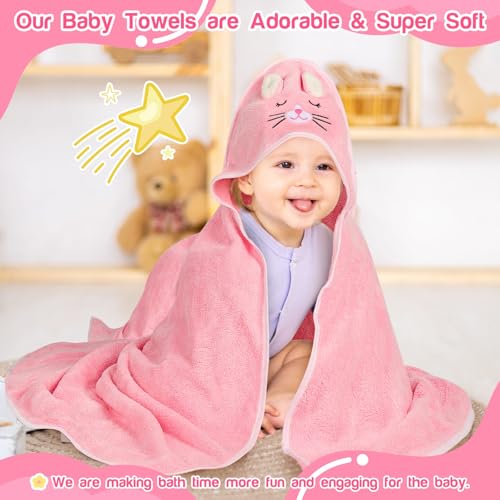 4 PCS Hooded Baby Towels Set, Absorbent Baby Bath Towel, Soft Baby Towels and 3 PCS Baby Washcloths for Newborns, Toddlers, and Kids, 32x32 in Baby Towel with Hood for Boy and Girl (Pink Kittens)