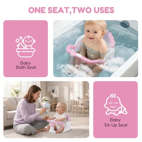 Baby Bath Seat for Babies 6 Months & Up Sitting Up | 360° Stable Toddler Bath Chair with One-Touch Button | Baby Bath Tub Seat with Suction Cups | Open Design, Compact, Detachable, Non-Slip (Pink)