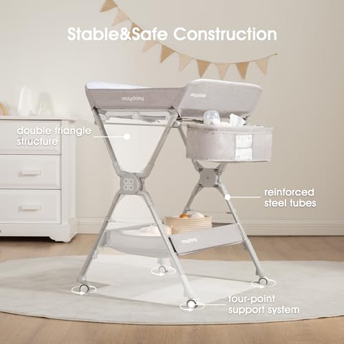 Maydolly Changing Table，Portable Diaper Changing Station, Foldable Baby Changing Table,Compact Nursery Diaper Changing Table for Baby，Adjustable Height，Mobile on Wheels (Grey)