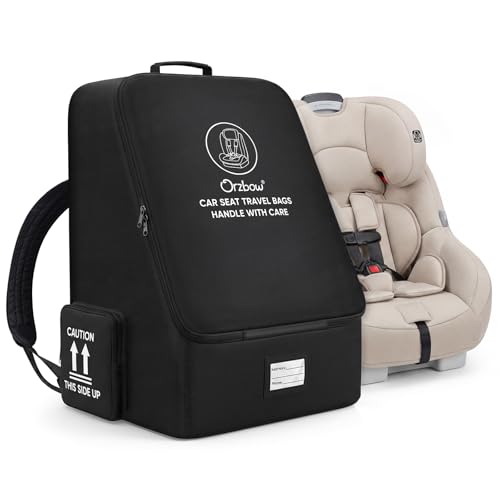Orzbow Padded Car Seat Travel Bag for Airplane, Carseat Backpack Bags with Side Pocket, Car Seat Carrier with Shoulder & Waist Strap for Airport Gate Check, Universal Fit Carseat & Booster Seat, Black