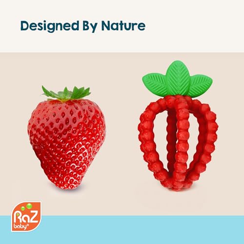 RaZbaby Bites Silicone Baby Teething Toy – Sensory Toy with Textured BerryBumps for Teething Relief, Easy-to-Hold Fruit Shape, BPA-Free, Soothes Front & Back Teeth – Gift for Babies, 3 Months+, Pink
