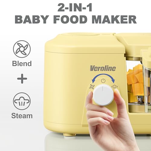 Veroline Baby Food Maker, One Button Rotate Control Baby Food Processor, Baby Puree Maker with Steaming and Grinding Functions, Baby Food Steamer and Blender, Yellow