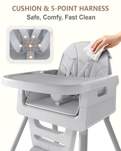 EverKiddo Baby High Chair for 6 Months+, Foldable High Chairs for Babies and Toddlers, Convertible High Chair, Adjustable Tray & Footrest, Portable High Chair & Easy to Clean(Gray)