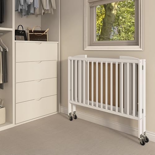 Dream On Me Folding Full Size Convenience Baby Crib with Durable Metal Wheels, Portable Space-Saving Design, 2 Adjustable Heights, Easy Fold Flat Storage, GREENGUARD Gold & BSA Certified, White