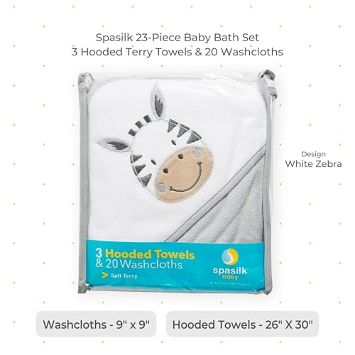 Spasilk 23-Piece Soft Terry Hooded Bath Towel and Washcloth Gift Set, 3 Baby Towels and 20 Baby Washcloths for Unisex Newborn Bath Essentials, Ideal, White Zebra
