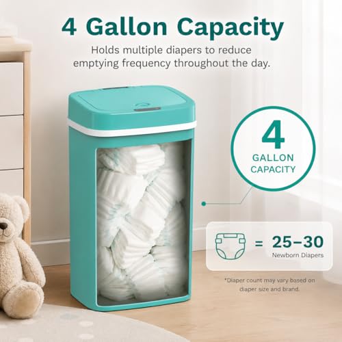 Delletir 15L Smart Diaper Pail with Motion Sensor Lid | Touchless Hands-Free Baby Diaper Trash Can | Double Locking Seal | Slim Space-Saving Design | Quiet & Durable (Turquoise)