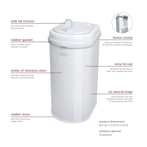 Ubbi Pet Waste Pail, Odor-Locking Cat Litter Disposal System, Stainless Steel Pet Waste Can with Safety Lock & Scoop, No Special Bags Required, White