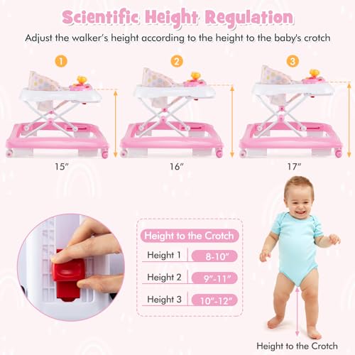 HONEY JOY Baby Walker, 5 in 1 Infant Activity Walker with Wheels, Music, Removable Cushion, Toddler Foldable Push Walker for Boys Girls, Anti-Rollover Walkers for Babies 7-14 Months (Pink)
