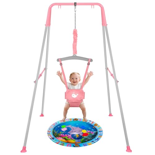 Baby Jumper with Stand for 6-24 Months, Baby Exerciser for Active Babies, Toddler Jumper Bouncers for Baby Girl/Boy with Adjustable Chain, Suitable for Indoor and Outdoor, Water Mat Included(Pink)