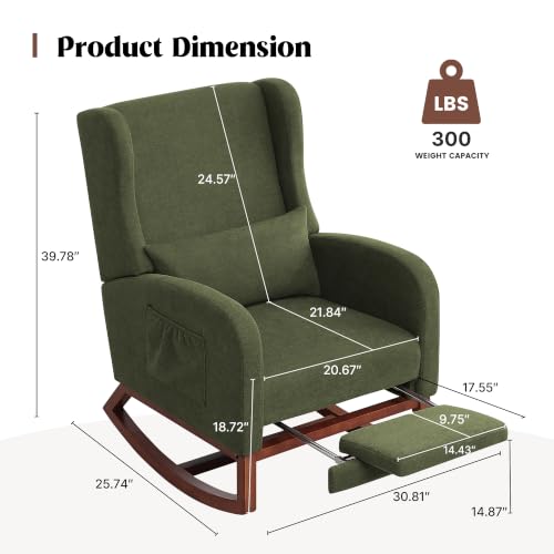 HCHAIRH Rocking Chair Nursery, Nursery Rocking Chairs with Foot Rest, Comfy Glider Rocker Nursing Chair with Back Pillow for Nursing, Living Room, Bedroom, Dark Green