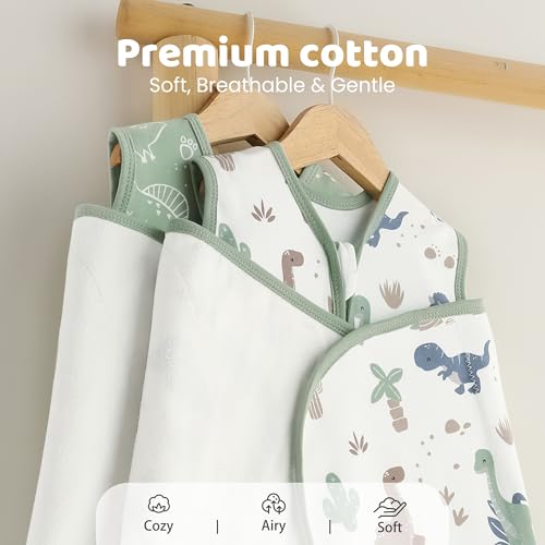FIEMOL Baby Swaddle Sleep Sack 3-6 Months, Cotton Swaddles for Newborns Boys Girls, 2-Way Zipper Transitional Infant Wearable Swaddling Blanket with Quiet Closure, 0.5 TOG 2 Pack Soft Green Dinosaur