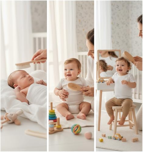 Little Tinkers World Baby Hair Brush and Comb Set 4-Piece Natural Wooden Set with Soft Goat Bristle Brush, Cradle Cap Brush & Comb Newborn Baby Registry Gift for Boys and Girls