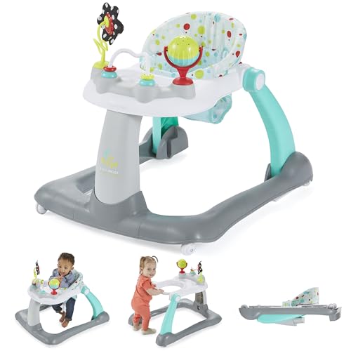 Kolcraft Tiny Steps 2 in 1 Foldable Infant and Baby Walker with Wheels, Seated or Walk Behind Activity Center, Entertaining Developmental Activities for Boys and Girls, Wide Base Sturdy Frame
