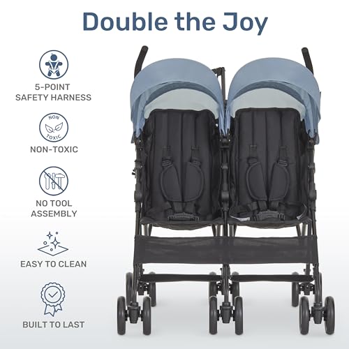 Dream On Me Twin Venture Umbrella Stroller in Light Blue, Multi Backrest Positions, Adjustable & Removable Canopy Double Stroller, 360°Swivel Wheels with Locks