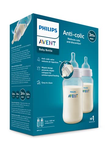 Philips Avent Anti-Colic Baby Bottle, Fast Flow 3 Nipple, 3m+, 11oz, 2 Pack, Clear, BPA-Free, SCY106/02