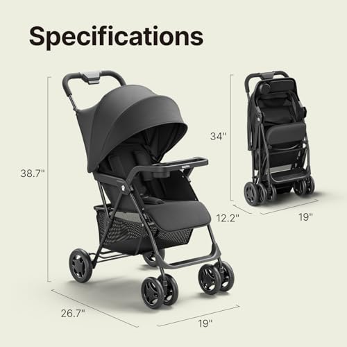 BabyVista Lightweight Umbrella Stroller, Travel Stroller with Near-Flat Recline & Snack Tray, Compact Folding with One Hand, UPF50+ Sun Canopy, Theme Park Approved