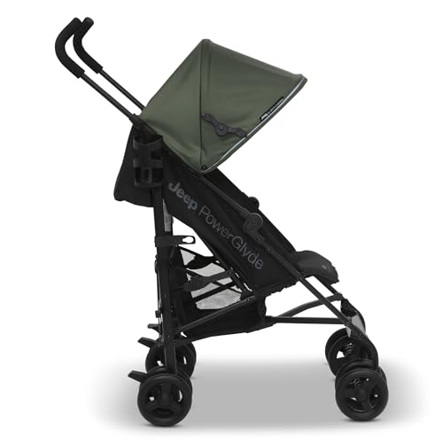 Jeep PowerGlyde Stroller by Delta Children Lightweight Travel Stroller with Smoothest Ride & Compact Fold, 3-Position Recline, Extra Large Storage Basket, Olive Green