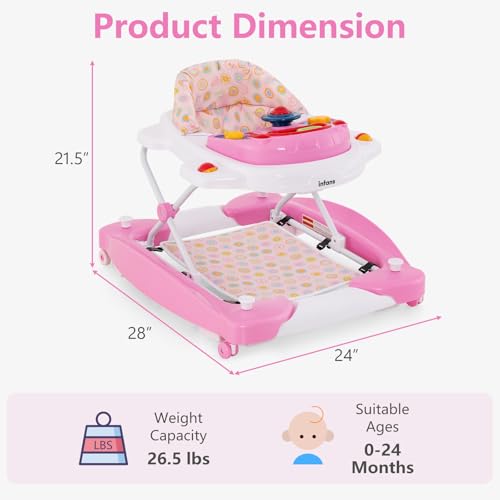 INFANS Baby Walker, 5 in 1 Behind Walker Learning Seated Rocker Bouncer with Removable Music Tray, Adjustable Height, Washable Seat Cushion, Foldable Activity Center for Toddlers (Pink)