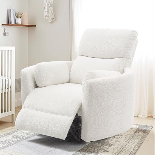 Jocisland Power Recliner Nursery Chair for Adults, Electric Swivel Rocking Glider with USB & Type-C Charge, Teddy Sherpa Armchair with 2 Pillows, Cozy Reclining Sofa for Living Room, Bedroom, White