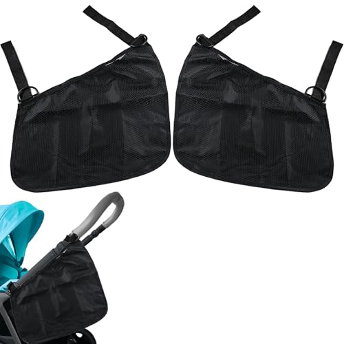 CaoXiong 2 Pack Universal Side Sling Stroller Organizer with Mesh Cargo Net,Adjustable and Non-Slip Stroller Storage Bags, Portable Side Sling Stroller Cargo Net for Baby Accessories(Black)