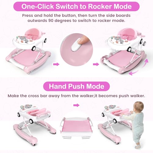 Baby Walker, 5-in-1 Baby Walker for Boys and Girls with Bouncer, Removable Footrest, Music, Foldable & Adjustable Speed Wheels Activity Walker for 6-18 Months Toddler Infant(Pink)