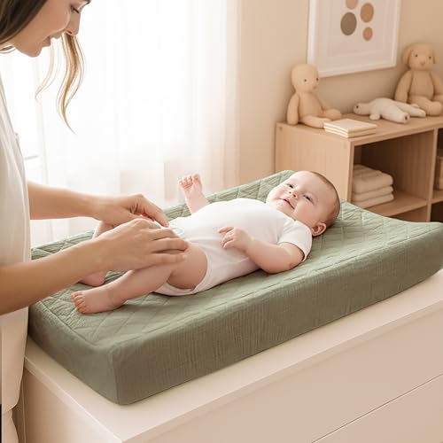Konssy Waterproof Muslin Changing Pad Cover 2 Pack, Quilted Cotton Fitted Diaper Chang Table Cover, Soft Changing Pad Sheets for Girls Boys (Fog Green,Cream)