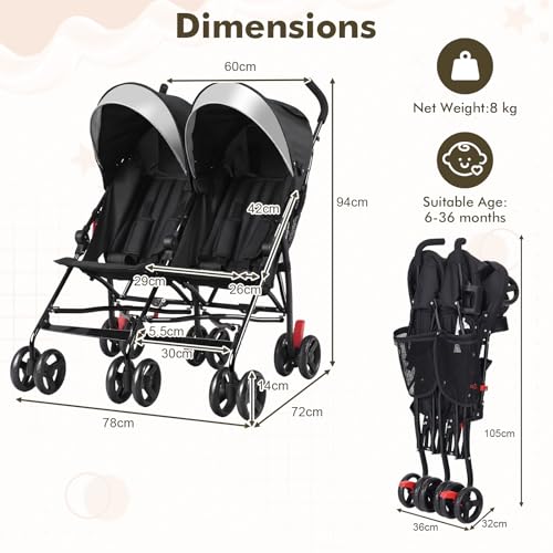 BABY JOY Double Umbrella Stroller, Lightweight Travel Side by Side Twin Stroller with Large Storage, Cup Holder, 5-Point Safety Harness, Adjustable Canopy & Compact Fold for Infant and Toddler (Black)