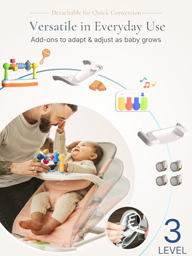 CuddoBaby Baby Bouncer 4-in-1 on Wheels, Detachable Pianos, Feeding Tray, 3-Level Recline Foldable Seat with Play Bar for Infant to Toddler 0-12M, Boy Gift Idea - Blue