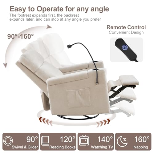 ABCASA Power Recliner Rocking Chair Nursery Glider, Swivel Reclining Nursery Rockers for Baby Room & Living Room, Chenille Chair with Phone Holder, USB/Type-C Ports, Arm Storage, Light Brown