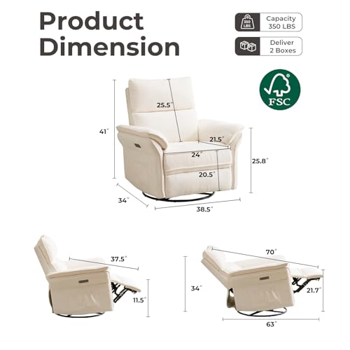 RUTOX Oversized Rocking Chair Nursery with Massage and Heat, Glider Recliner Nursery Chair with Adjustable Headrest, Power Swivel Rocker Recliner Chair with USB Port, White