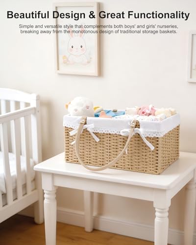 FUFAXHX Large Baby Diaper Caddy Basket - Wicker Paper Rope Storage Baskets Portable Woven Car Organizer for Diapers With Cotton Divider Brown