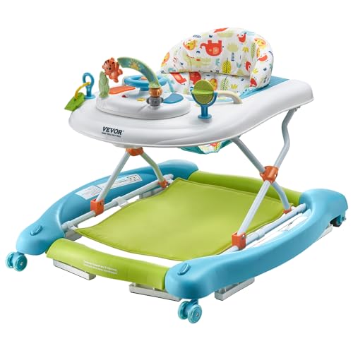 VEVOR 4-in-1 Baby Walker, Folding Baby Activity Center with Wheels, 3 Adjustable Height, Music & Toys Tray, Learning-Seated | Walk-Behind | Rocker | Bouncer Toddler Walker for Girls Boys 6-24 Months