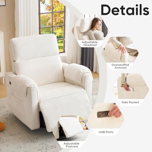 Rhevoy Oversized Power Rocker Recliner Chair, 24" Extra Wide Swivel Recliner with Adjustable Headrest, Chenille Glider Rocking Nursery Chair with Overstuffed Armrest, USB Ports, Cream