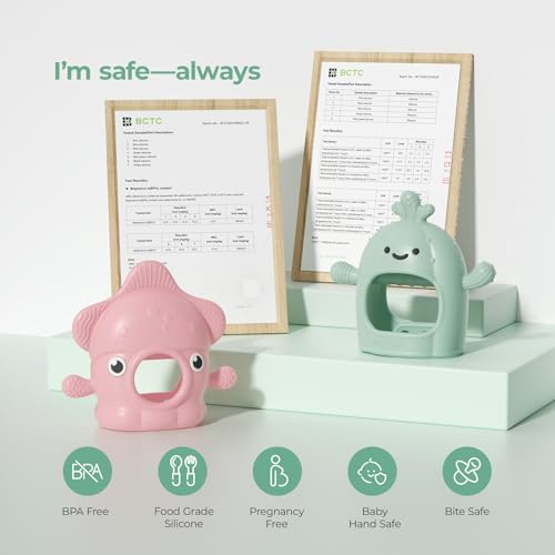 Momcozy Baby Teething Toys, Food Grade Silicone Baby Teether，Teething Mitten for Babies 0–6 Months，Teethers for Babies 6–12 Months，Anti Drop Wrist Teether with Multiple Chew Points， Mint Green