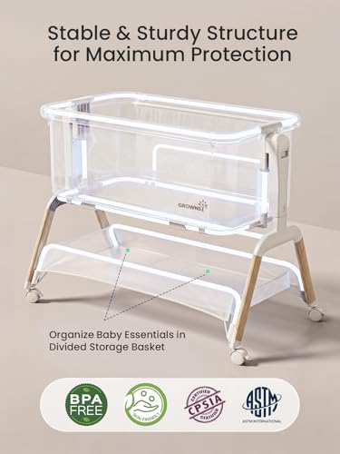 GROWNSY 5-in-1 Baby Bassinet Bedside Sleeper with Gentle Rocking Mode, 6 Adjustable Heights, Full Breathable Mesh, Convertible to Portable Crib, Bassinets with Mattress & Wheels, Beige