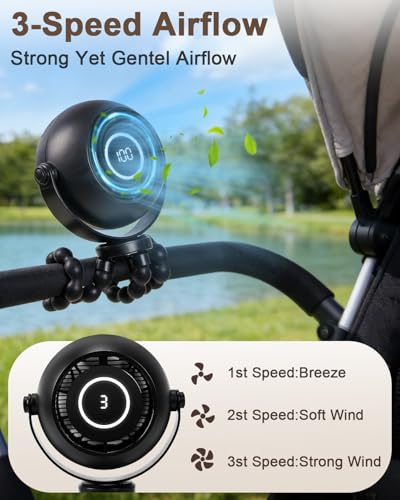 FIALAME Portable Stroller Fan,4000mAh Portable Fan for Stroller Rechargeable with Flexible Tripod,12.5H Battery,3 Speeds,LED Display,360° Rotate,Clip On Fan for Car Seat Fan,Travel,Treadmill