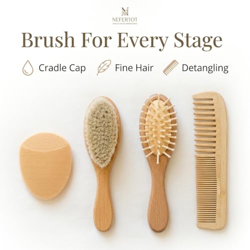 Wooden Baby Hair Brush Grooming Kit with Beech Wood Goat Hair Brush, Cradle Cap Brush, Silicone Scalp Massager, Ultra Soft Bristle Brush | Gender Neutral Newborn Hairbrush Set for Boy or Girl