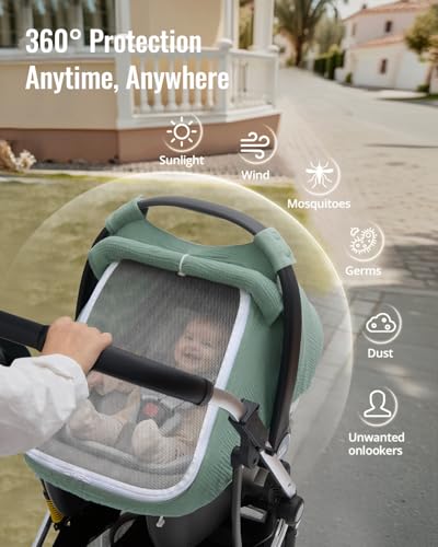 Blissful Diary Baby Car Seat Cover, Extra Large Mesh Window, Breathable Muslin Cotton, Infant Windproof Canopy, Must-Have Baby Gift - Roman Green