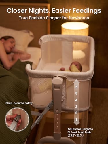 GROWNSY 5-in-1 Baby Bassinet Bedside Sleeper with Gentle Rocking Mode, 6 Adjustable Heights, Full Breathable Mesh, Convertible to Portable Crib, Bassinets with Mattress & Wheels, Beige