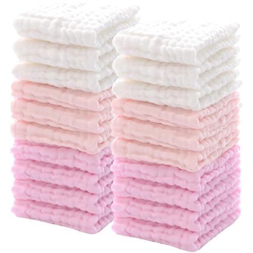 Breling 20 Pcs Baby Muslin Washcloth 12 x 12 Inch 100% Cotton Soft and Absorbent Muslin Washcloth Burp Cloth Wipe Newborn Face Towel for Baby Boy Girl Sensitive Skin(Powder Pink, White, Pink)