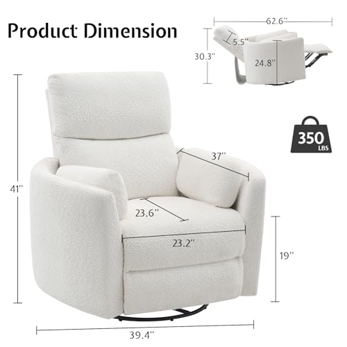 Jocisland Power Recliner Nursery Chair for Adults, Electric Swivel Rocking Glider with USB & Type-C Charge, Teddy Sherpa Armchair with 2 Pillows, Cozy Reclining Sofa for Living Room, Bedroom, White