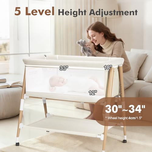 JevrJeur Baby Bassinet, 3 in 1 Bedside Bassinet Sleeper for Newborn, Portable Baby Crib with 4 Detachable Wheels & Adjustable Height, Breathable Mesh & Mattress, Mosquito Net& Storage Basket (White)