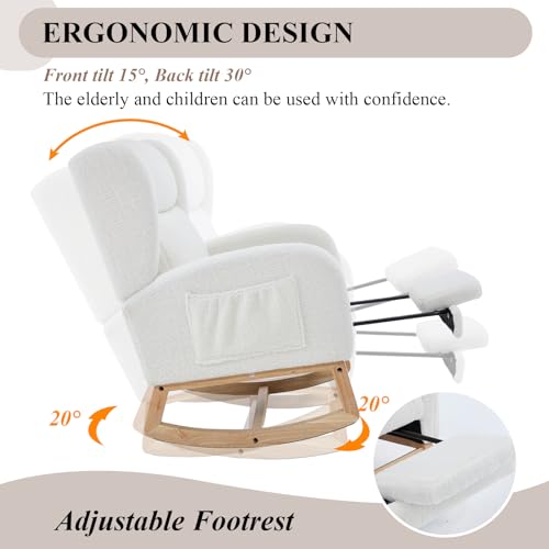 NIOIIKIT Nursery Rocking Chair with Footrest, Teddy Upholstered Glider Chair, Rocker Nursery Chair with Side Pocket, Glider Rocker, Accent Reading Chair for Living Room (White Teddy)