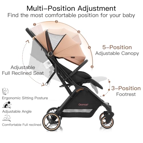 Gromast Gravity Folding Baby Stroller - Portable Travel Toddler Stroller w/Adjustable Backrest, Canopy & Cup Holder, Lightweight and UV Protected, One-Hand Automatic Folding - Khaki