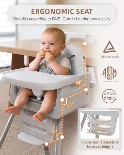 EverKiddo Baby High Chair for 6 Months+, Foldable High Chairs for Babies and Toddlers, Convertible High Chair, Adjustable Tray & Footrest, Portable High Chair & Easy to Clean(Gray)