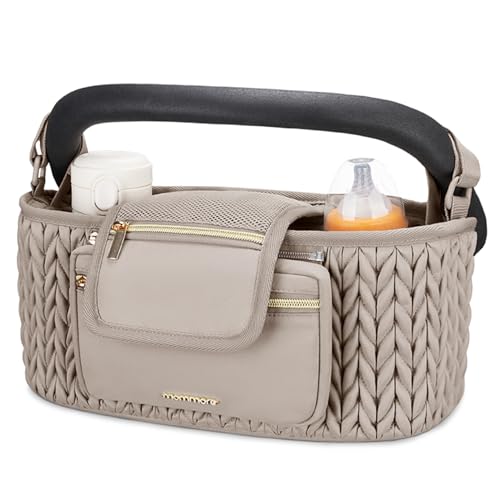 mommore Stroller Organizer with Insulated Cup Holders, Adjustable Stroller Caddy with Detachable Phone Bag, Stroller Accessories Fits for Uppababy, Doona, Jogger, Britax(Light Cafe)