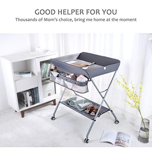 EGREE Baby Changing Table Portable Folding Diaper Changing Station with Wheels, Adjustable Height Mobile Nursery Organizer with Safety Belt and Large Storage Racks for Newborn Baby and Infant, Gray