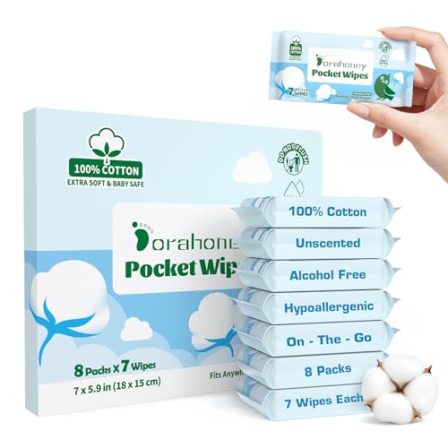 Dorahoney 100% Cotton Travel Wipes for Sensitive Skin, 99% Purified Water Hypoallergenic Mini Wet Wipes, Unscented Pocket Wipes Travel Essentials, 56 Count (8 Packs of 7)