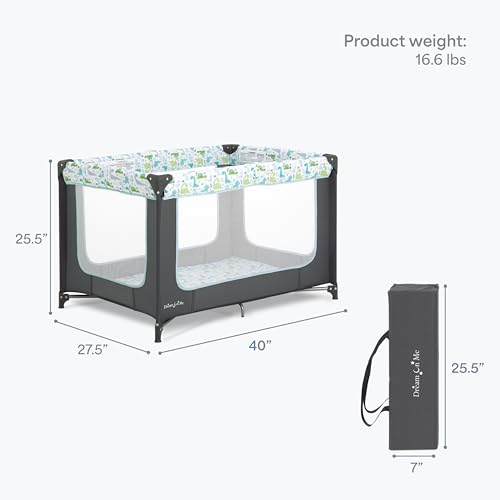 Dream On Me Zodiak Baby Playard, Breathable Mesh Sides, Soft Comfortable Mattress, Quick & Easy to Fold with Travel Carry Bag, Compact Space Saving Design - Grey/Green